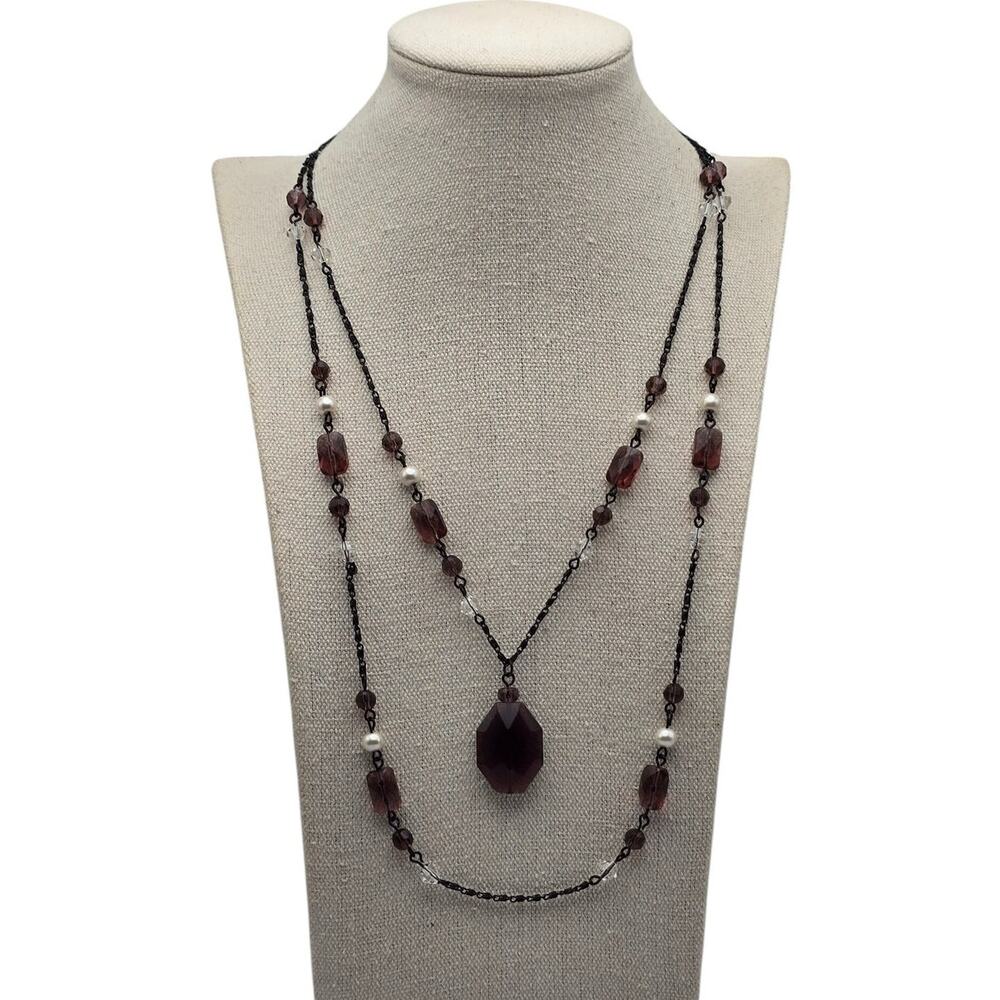Brown Faceted Glass Bead and Pearl Double Strand Necklace - Modern Chic